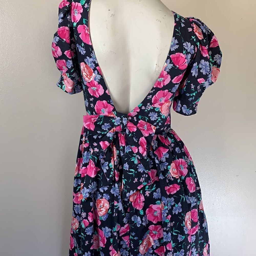 Laura Ashley Floral Midi Dress Puff Sleeves bow & Open plunging Back sz 10 prom - Picture 5 of 16